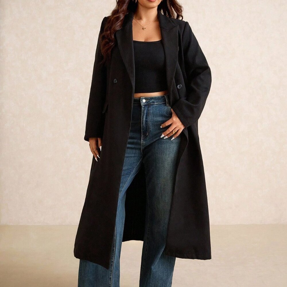 Black Elegant Women's Plus Size Casual Peak Collar Long Cardigan